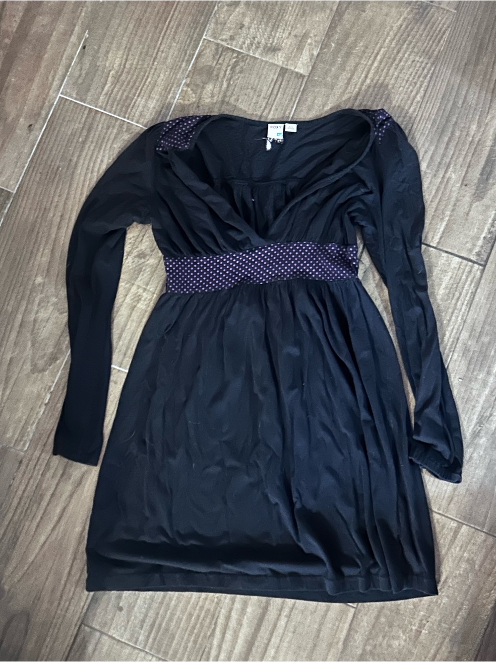 Roxy Black Long-Sleeve Empire Dress with Purple Polka Waist